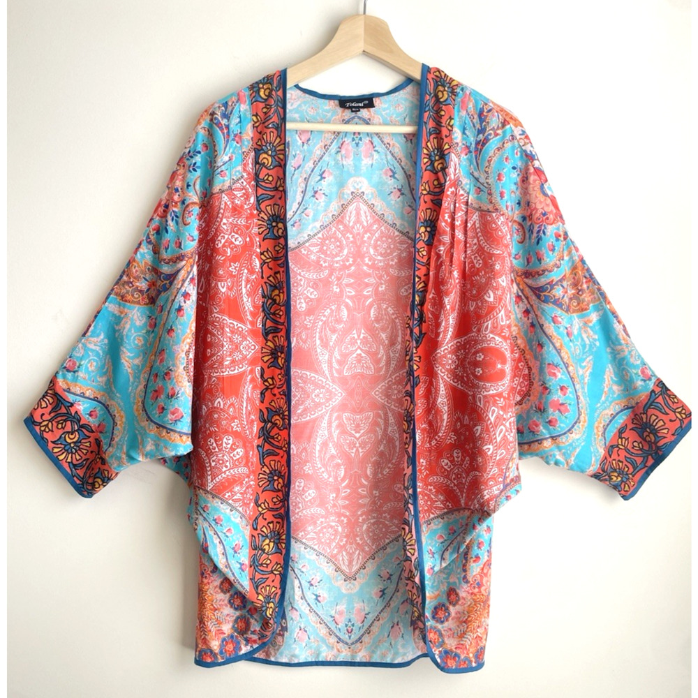 Tolani Womens One Size Bohemian Open Front Kimono Cardigan Resort Vacation Top